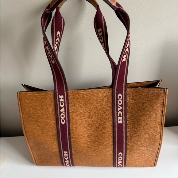 Coach Handbags - Coach Tan Pebble Leather Tote with Burgundy Logo Straps
